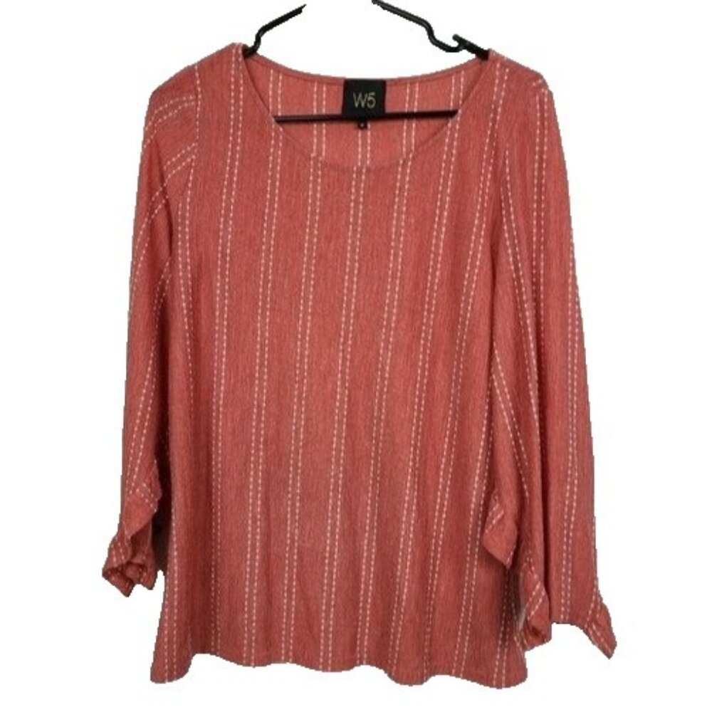 W5 Womens BOHO Top Medium Orange Ruffle 3/4 Sleeve Striped Festival Casual